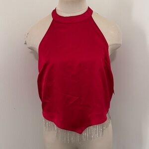 NEW Red Satin Crop Halter Top Rhinestone Fringe ~ Party Holiday Night Out Blue B